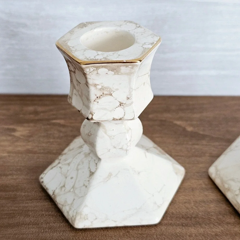 Vintage PartyLite Set of 2 Tan Gold And Beige Marble Look Candlestick Holders